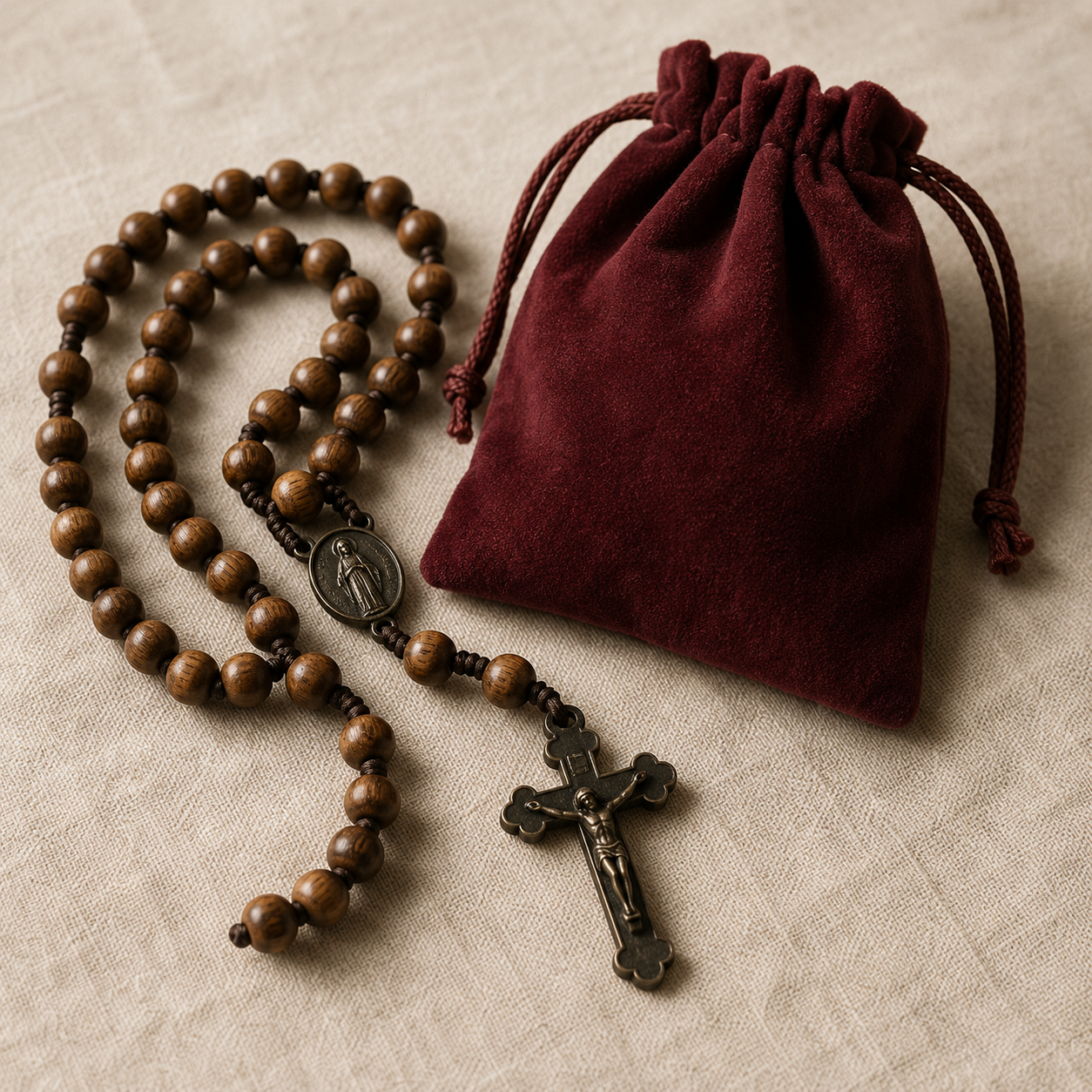 Wood Rosary & Keepsake Pouch